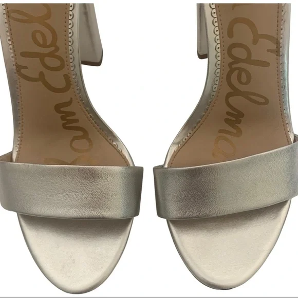 SAM EDELMAN Yaro Block Heel 4” Leather Sandal Silver Shimmer Metallic Size 8.5 - Picture 9 of 14